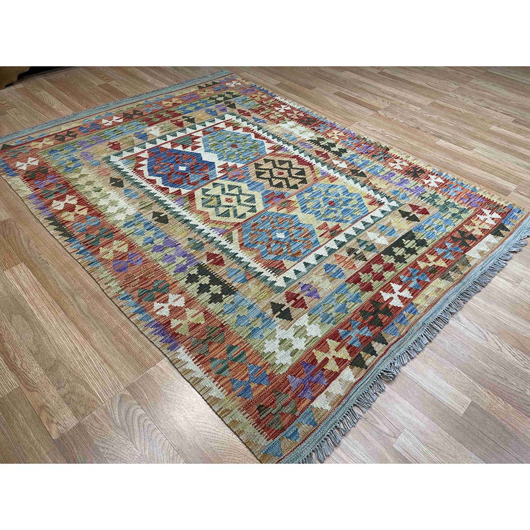 Crisp Colorful - New Kilim Rug - Flatweave Tribal Carpet - 5' x 6'5" ft.