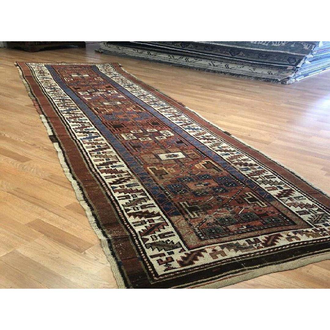 perfect persian 1890s- antique kurdish rug tribal runner-3'8" x 14" ft