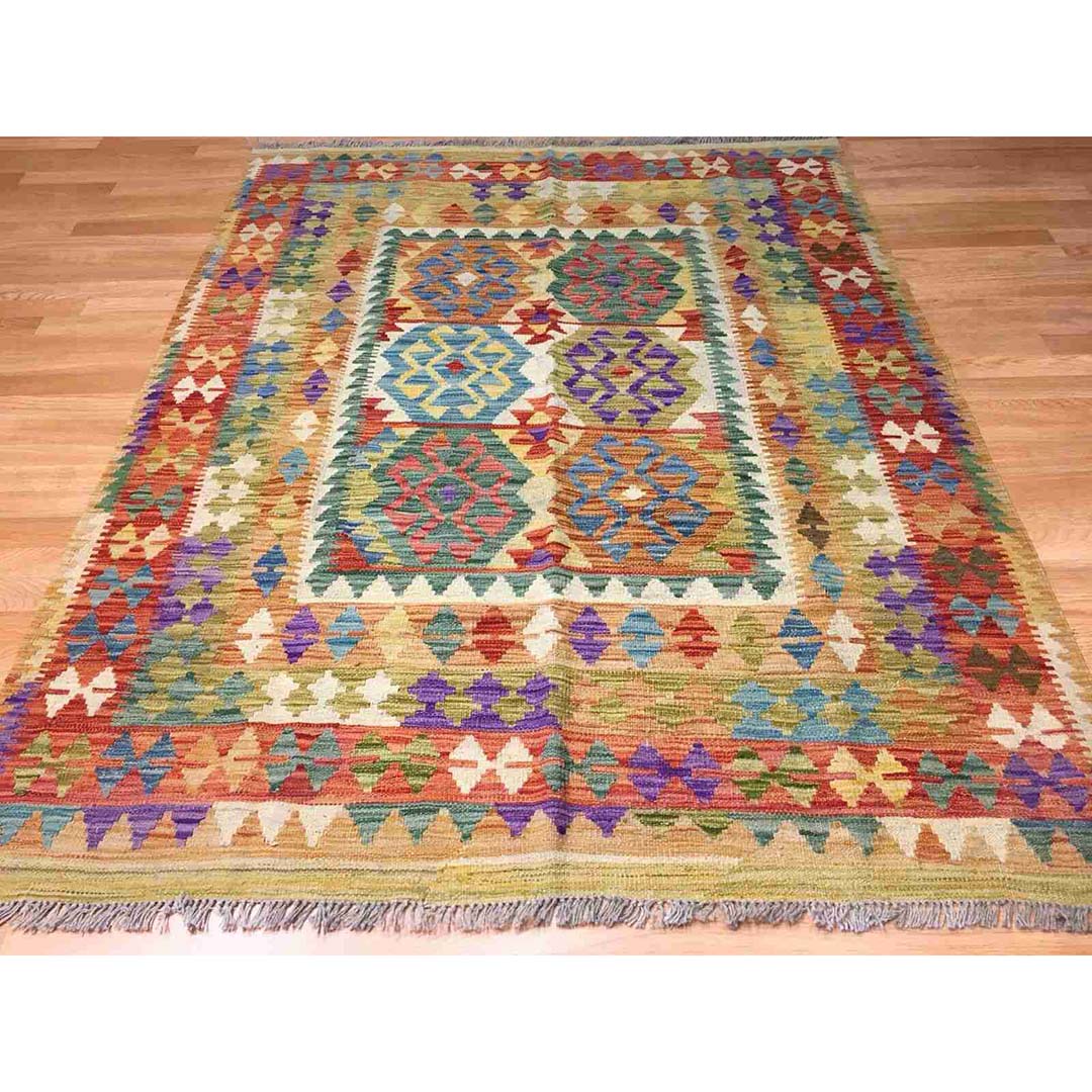 Crisp Colorful - New Kilim Rug - Flatweave Tribal Carpet - 4'4" x 6'4" ft.