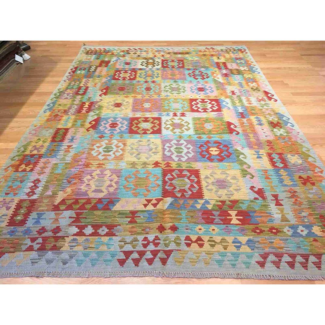 Crisp Colorful - New Kilim Rug - Flatweave Tribal Carpet - 6'8" x 10' ft.