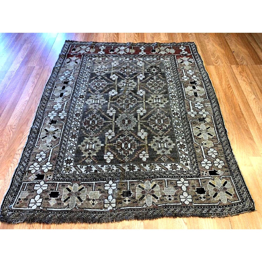 Classic Caucasian - 1900s Antique Kazak Rug - Tribal Nomad Carpet - 3'11" x 4'11" ft