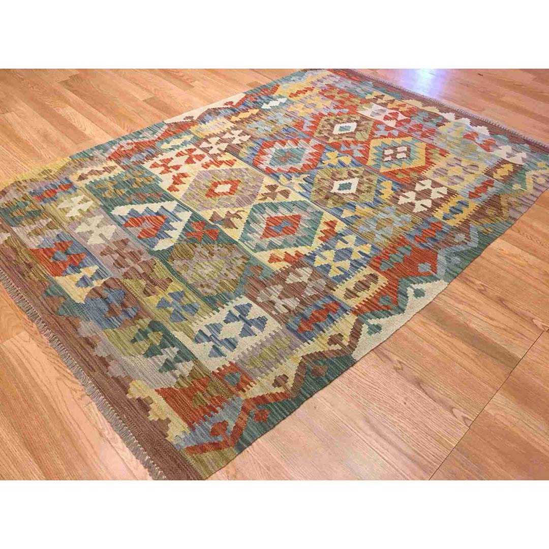Crisp Colorful – New Kilim Rug – Flatweave Tribal Carpet – 4’4″ x 6’1″ ft