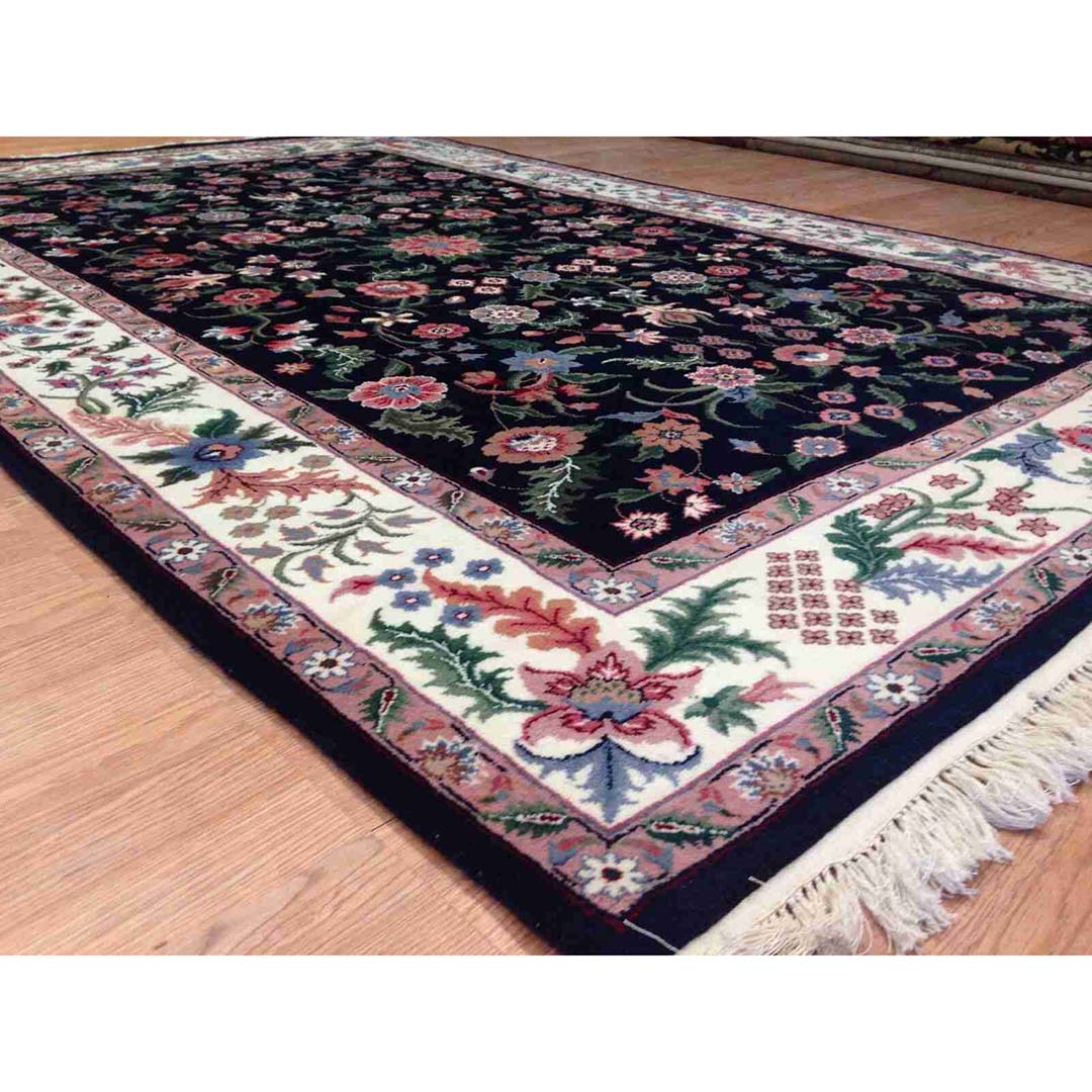Fantastic French Design - Dark Navy Rug - Indian Oriental Carpet - 6'2" x 8'6" ft.