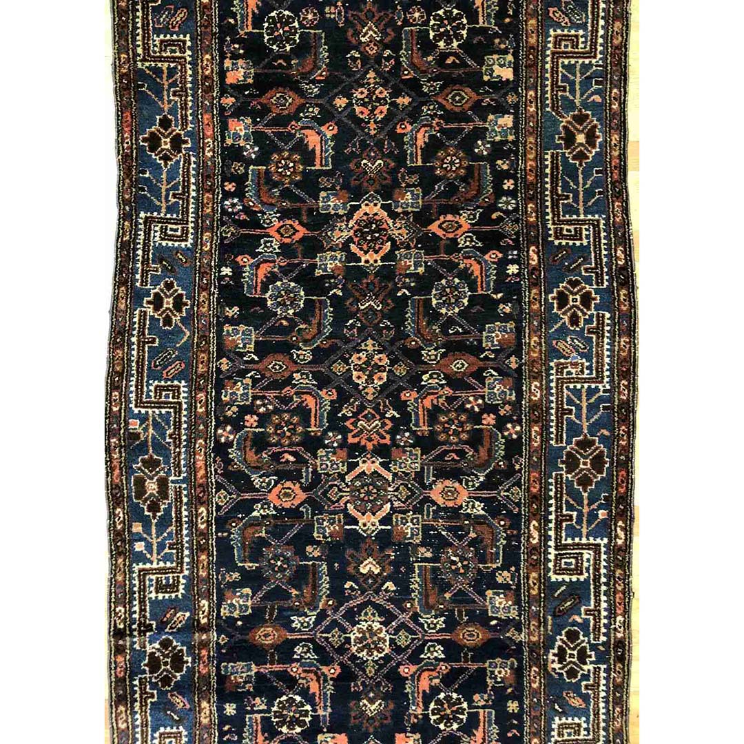 Handsome Hamadan - 1900s Antique Persian Rug - Tribal Gallery Runner - 4' x 10' ft