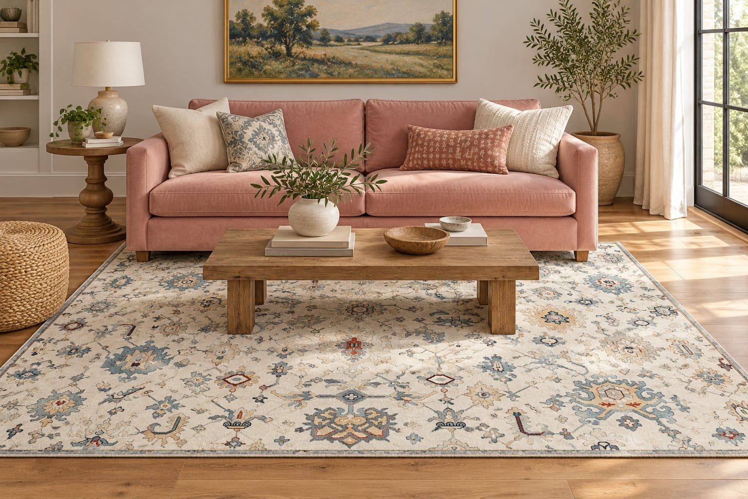 Conceptual room styling with a pink sofa and Ivory Oushak