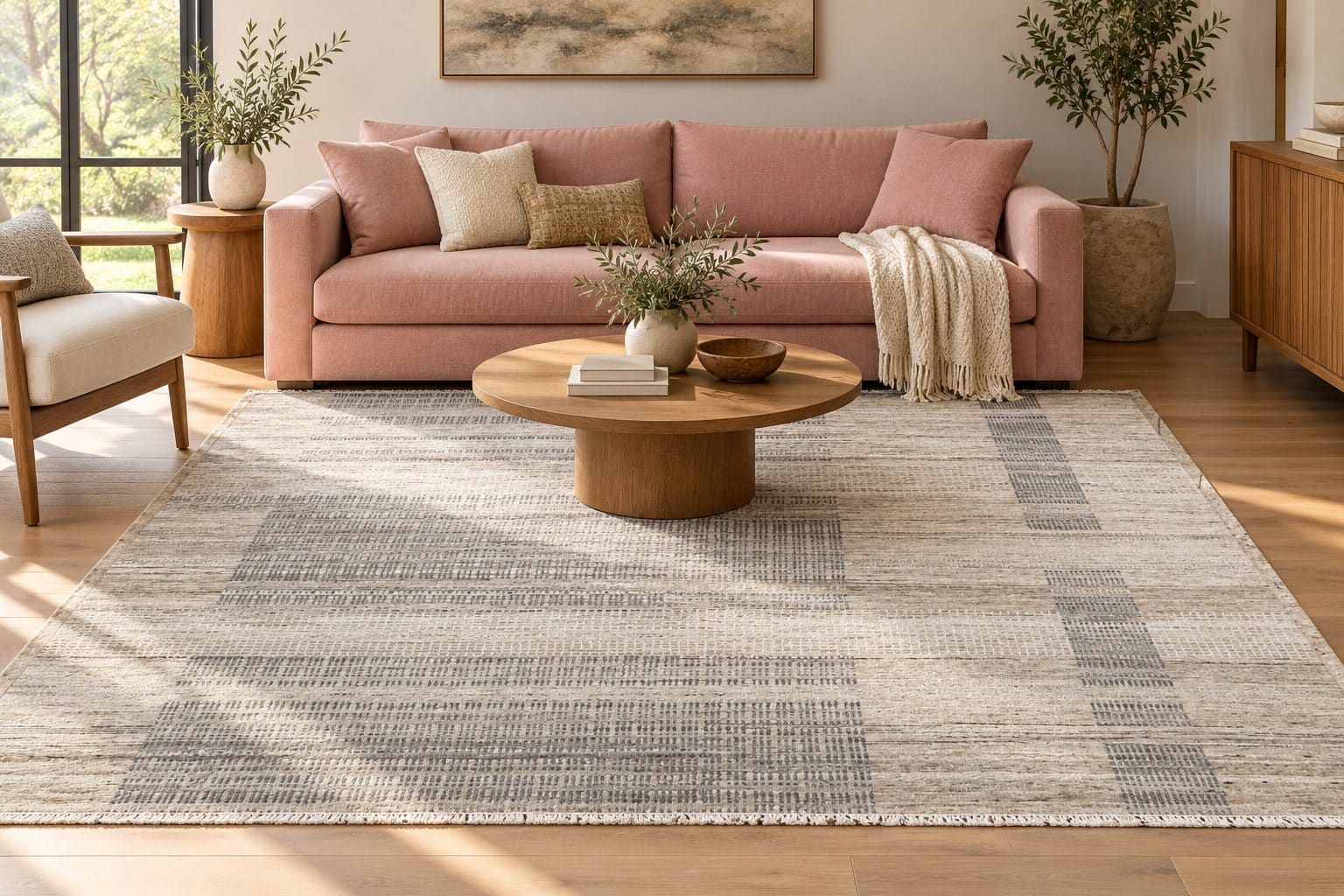 Conceptual room styling with a pink sofa and Modern Beige Plaid Rug