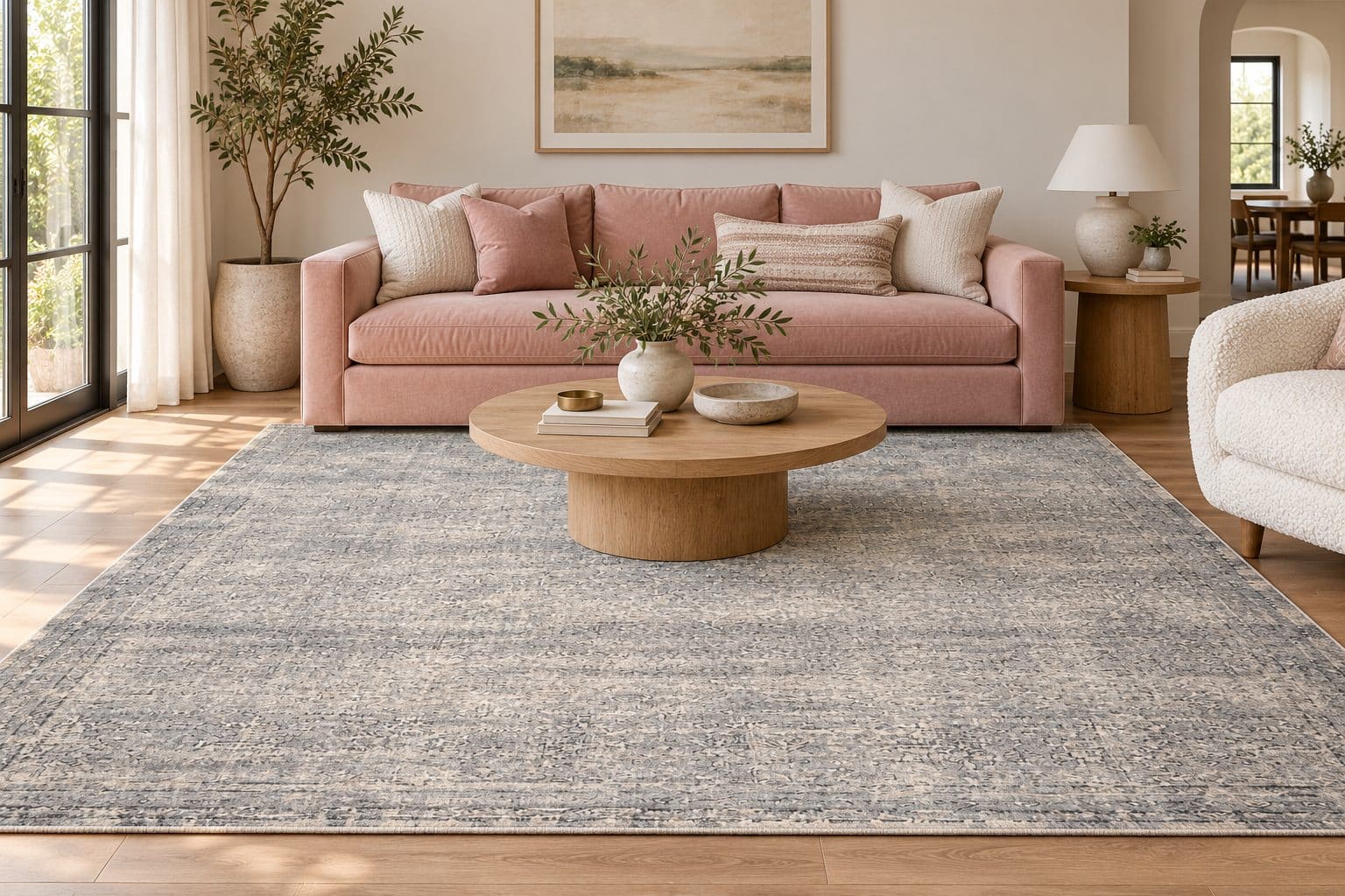 Conceptual room styling with a pink sofa and Muted Mineral-Gray