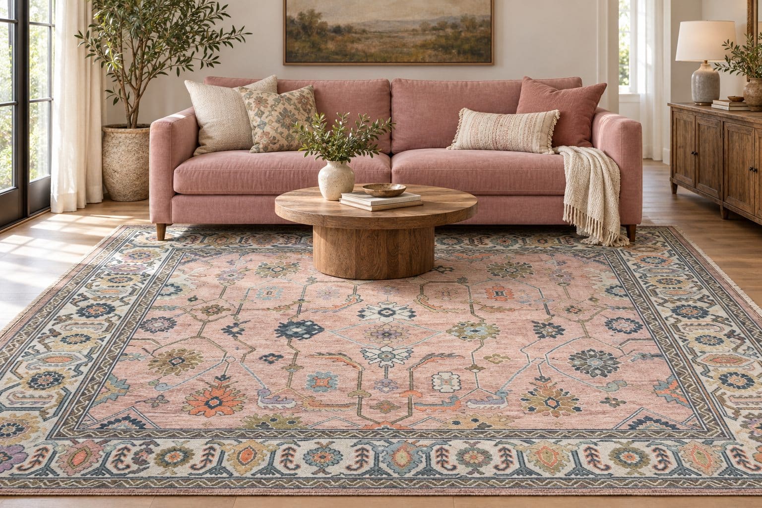 Conceptual room styling with a pink sofa and Peachy Pink Oushak