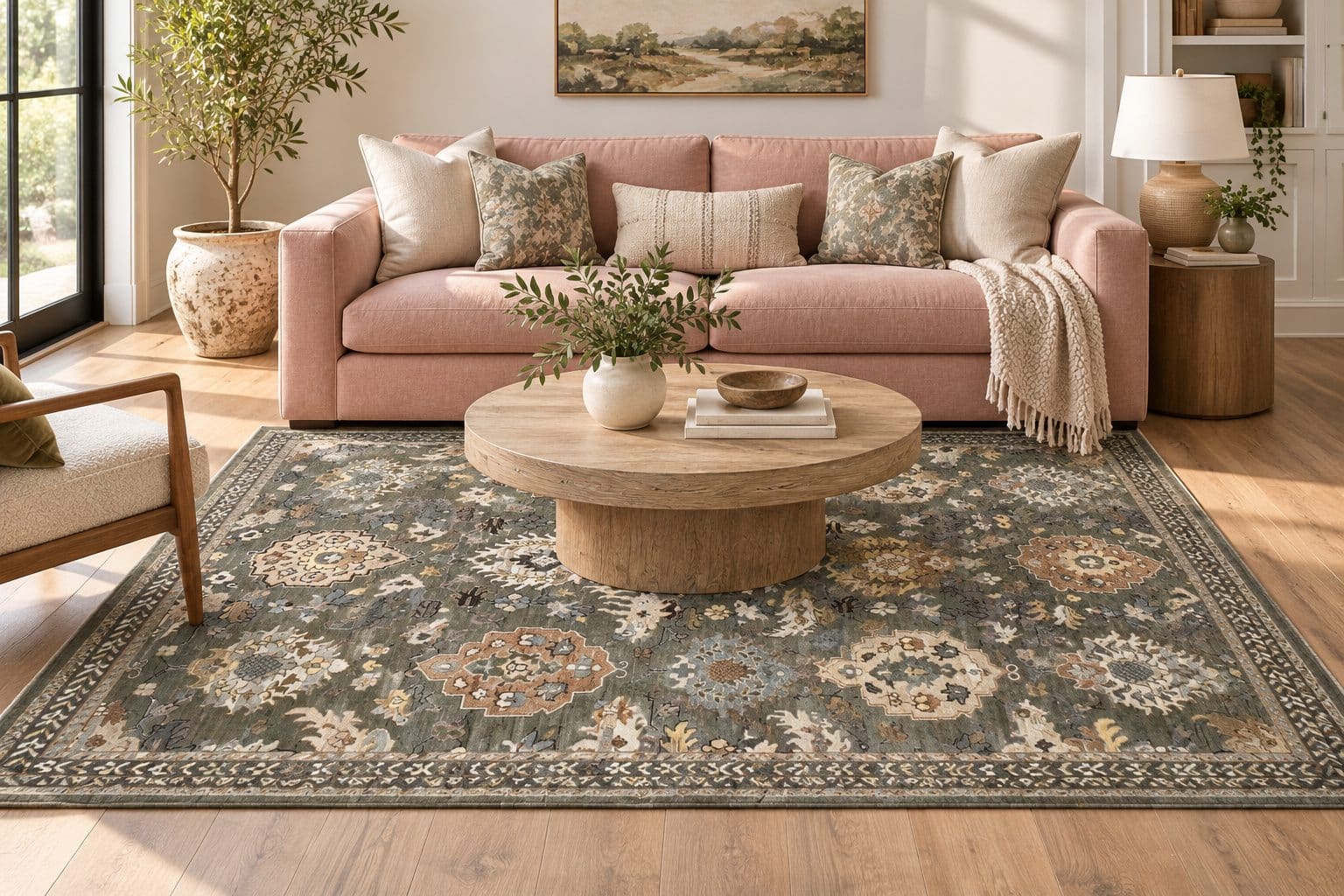 Conceptual room styling with a pink sofa and Olive Indian