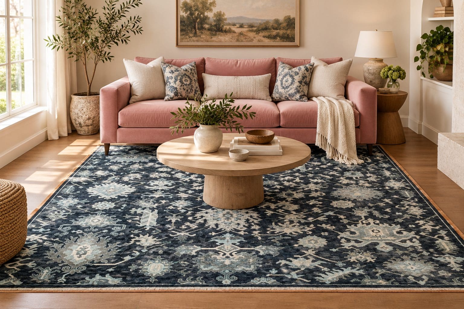 Conceptual room styling with a pink sofa and Midnight Blue Oushak