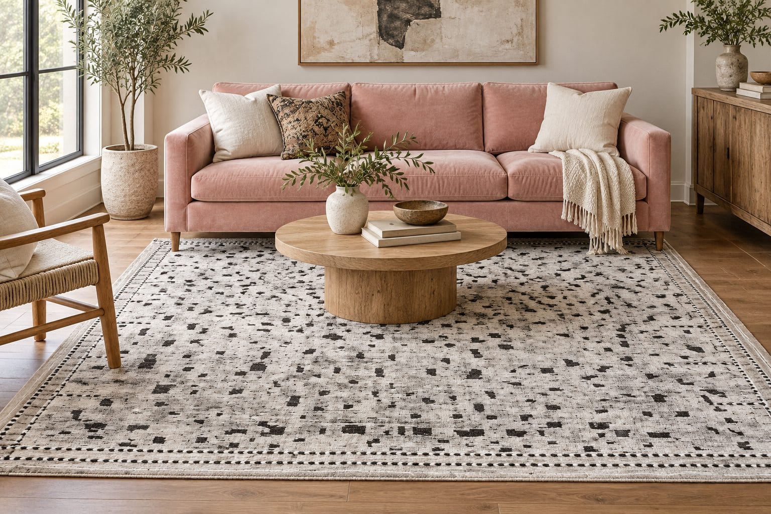 Conceptual room styling with a pink sofa and Casablanca Dots