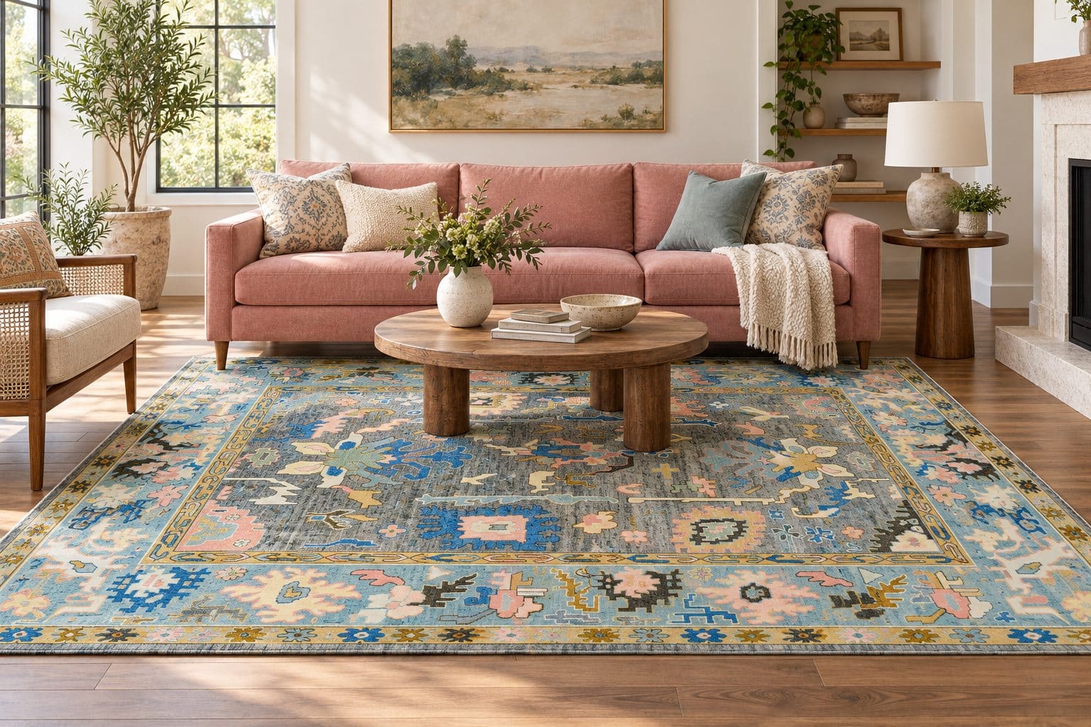 Conceptual room styling with a pink sofa and Bold Multicolored Oushak