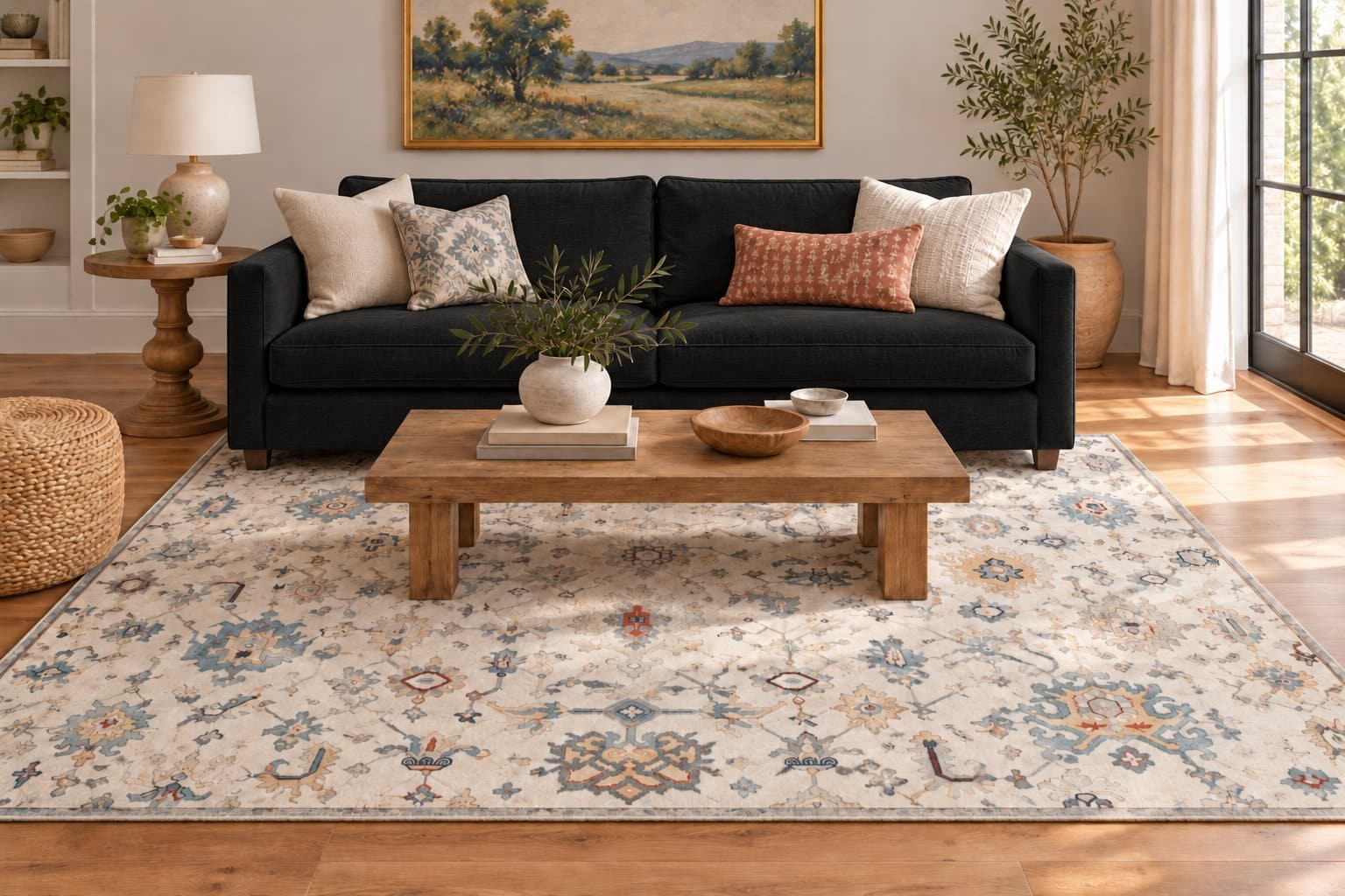 Conceptual room styling with a black couch and Ivory Oushak