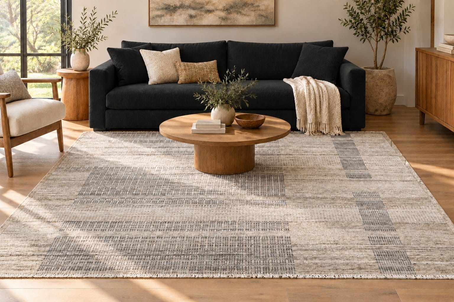 Conceptual room styling with a black couch and Modern Beige Plaid Rug