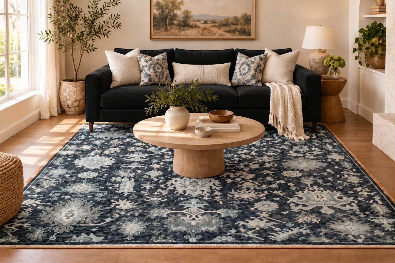 Conceptual room styling with a black couch and Midnight Blue Oushak