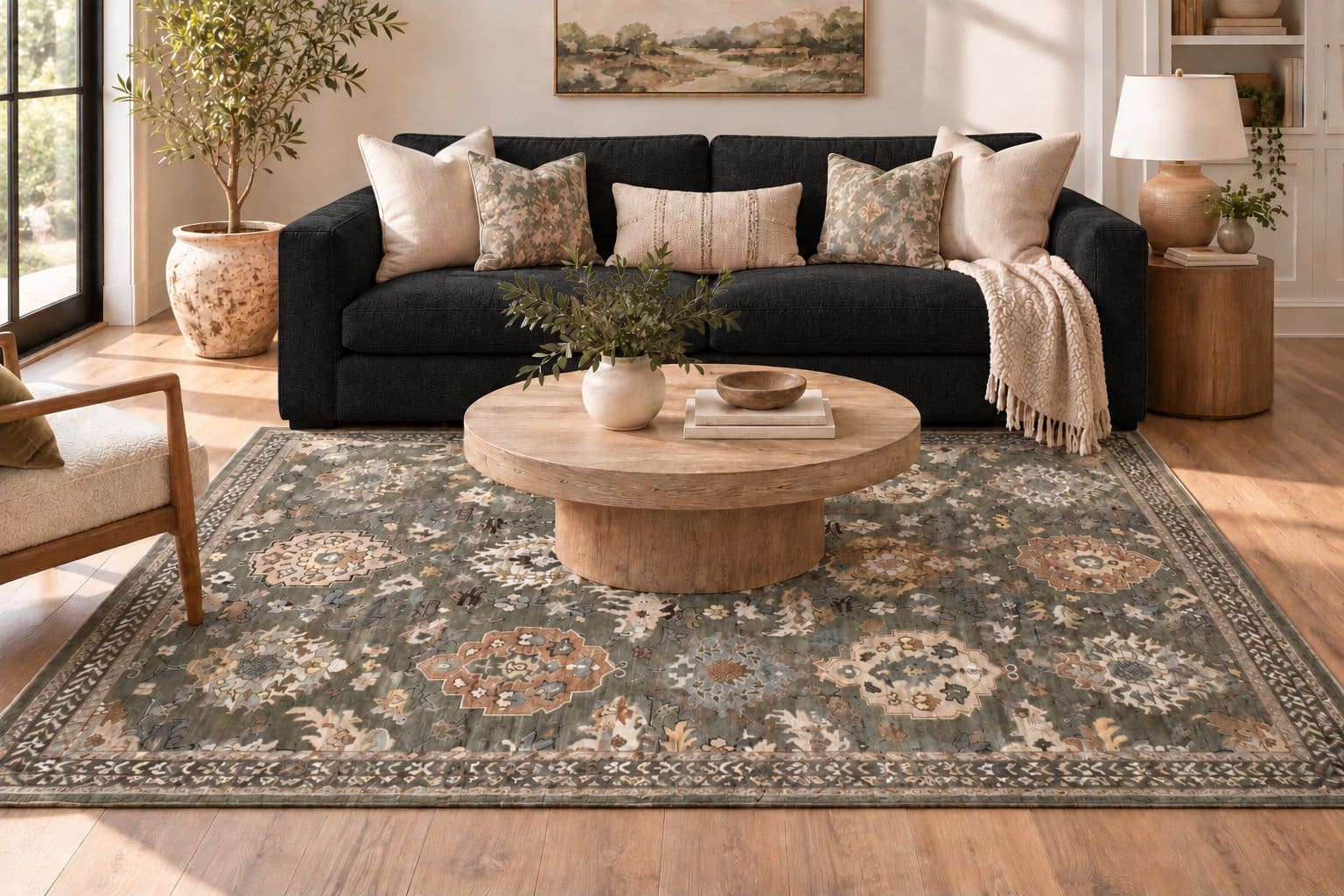 Conceptual room styling with a black couch and Olive Indian