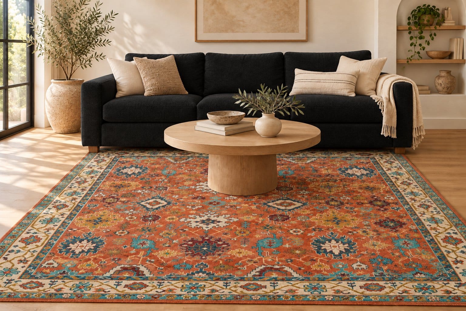 Conceptual room styling with a black couch and Terrific Terracotta