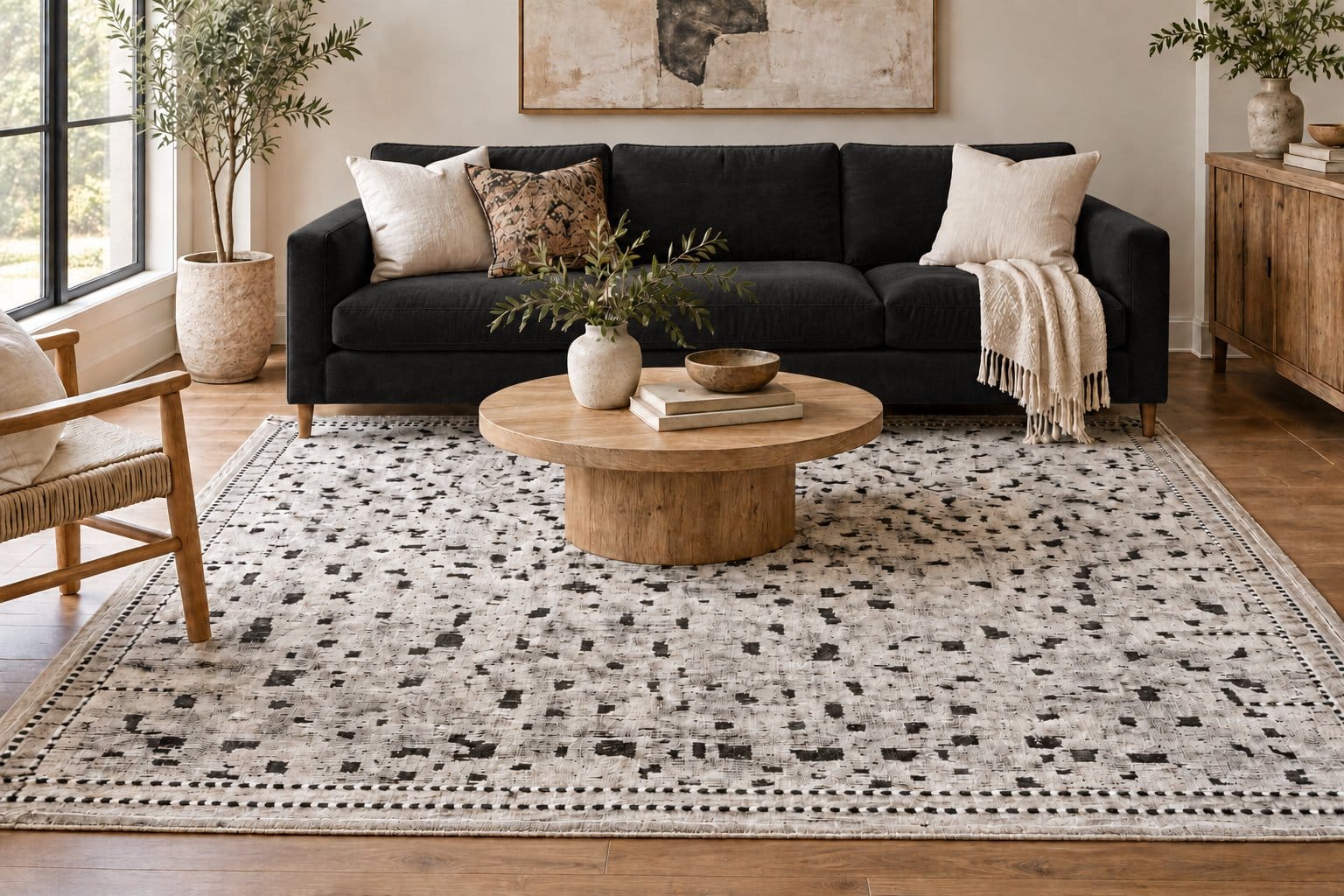 Conceptual room styling with a black couch and Casablanca Dots