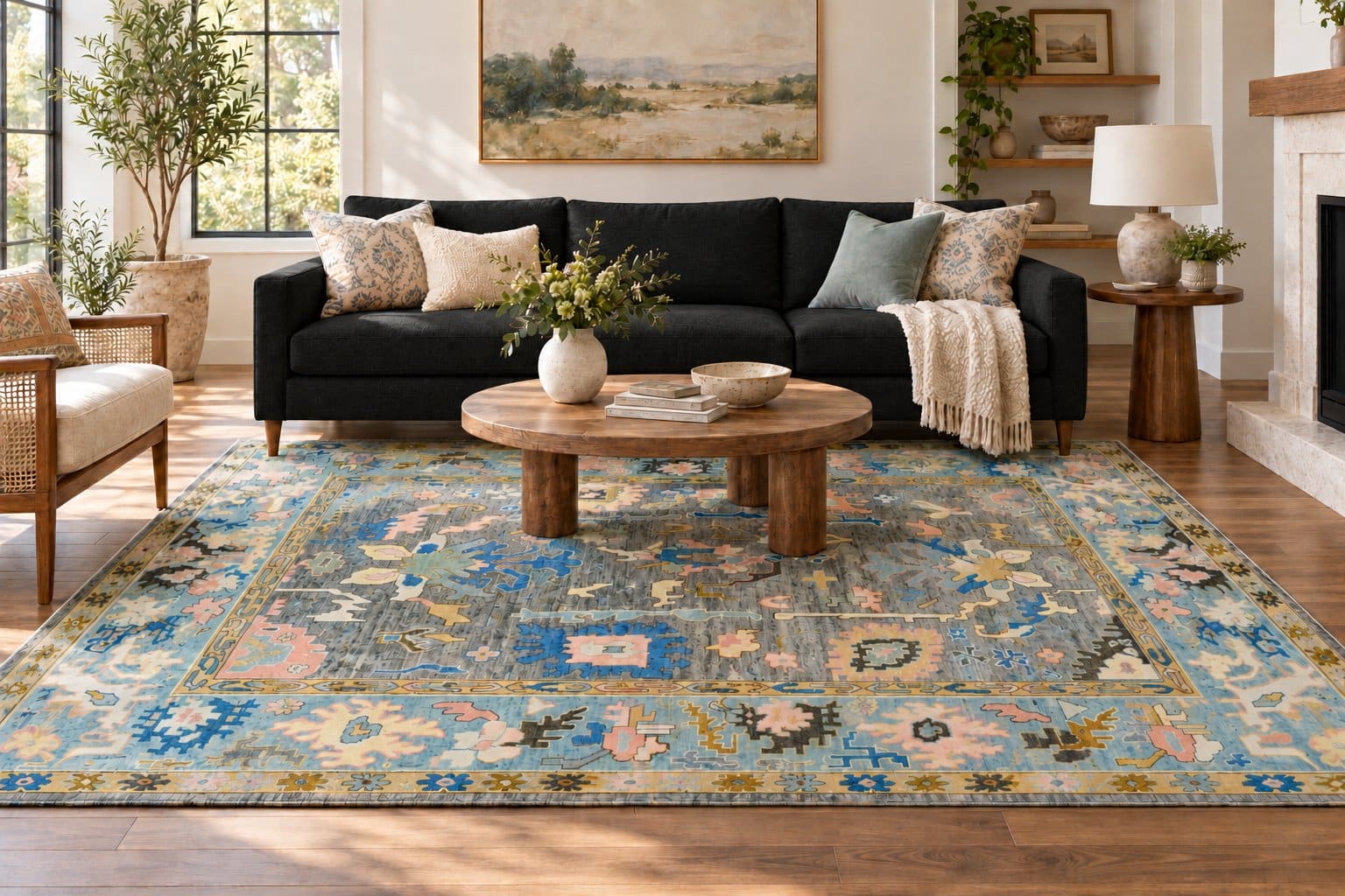 Conceptual room styling with a black couch and Bold Multicolored Oushak