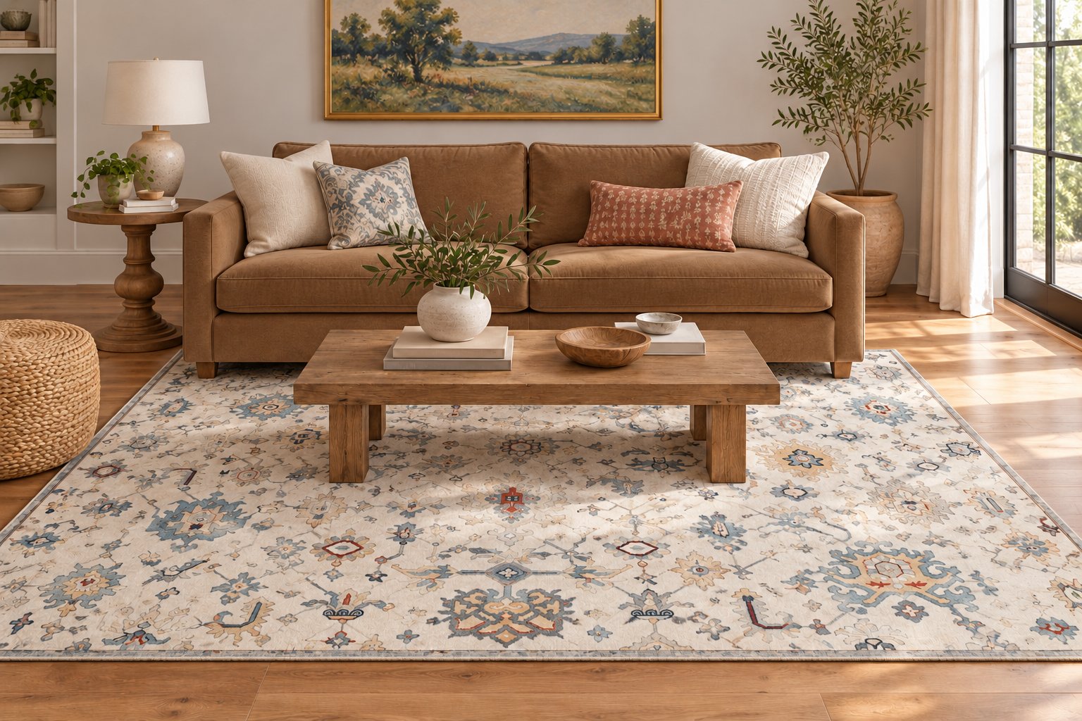 Conceptual room styling with a brown couch and Ivory Oushak