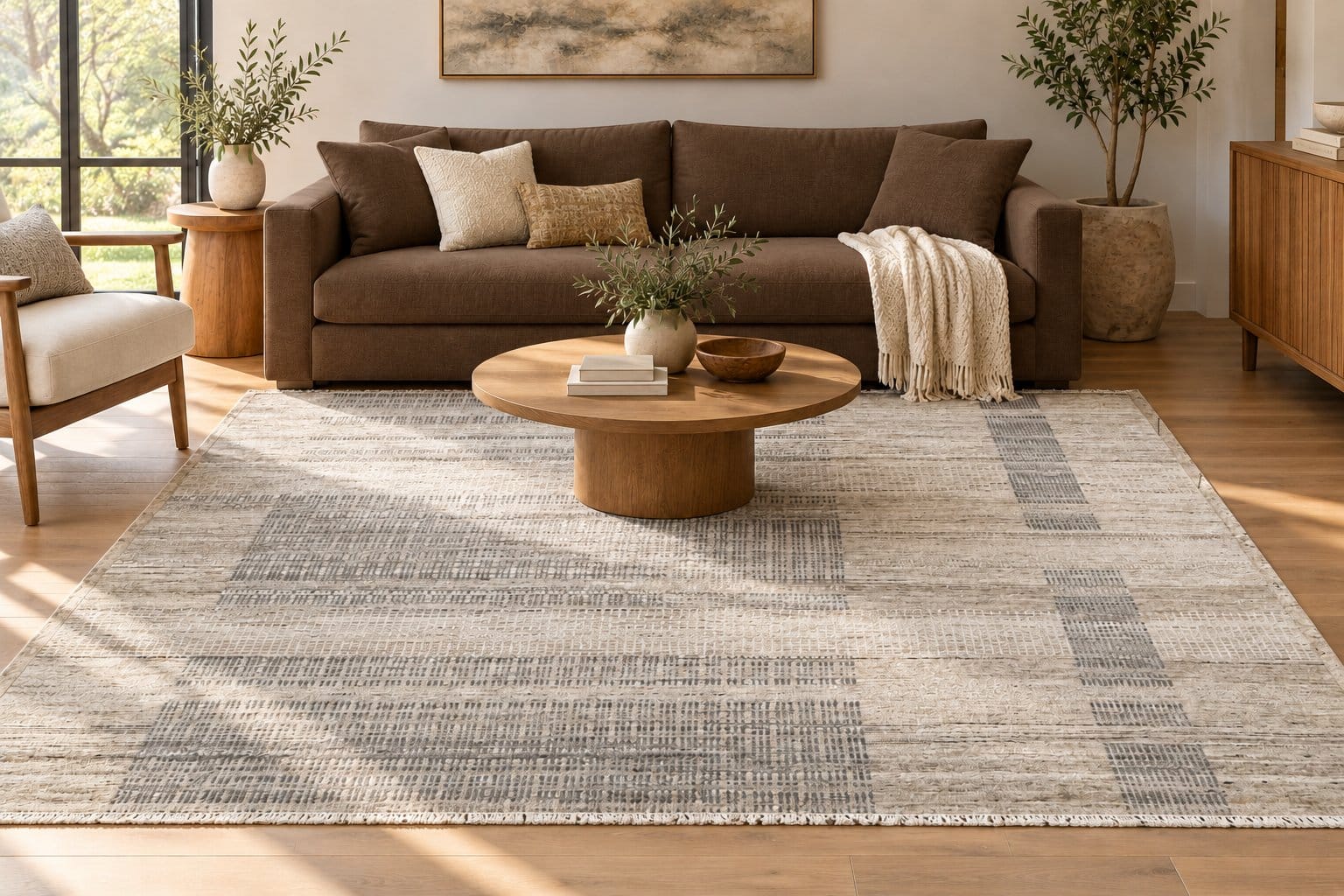 Conceptual room styling with a brown couch and Modern Beige Plaid Rug