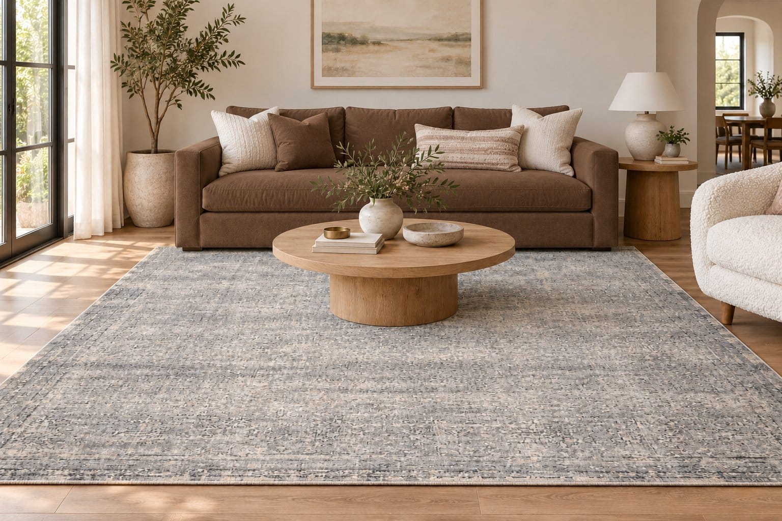 Conceptual room styling with a brown couch and Muted Mineral-Gray