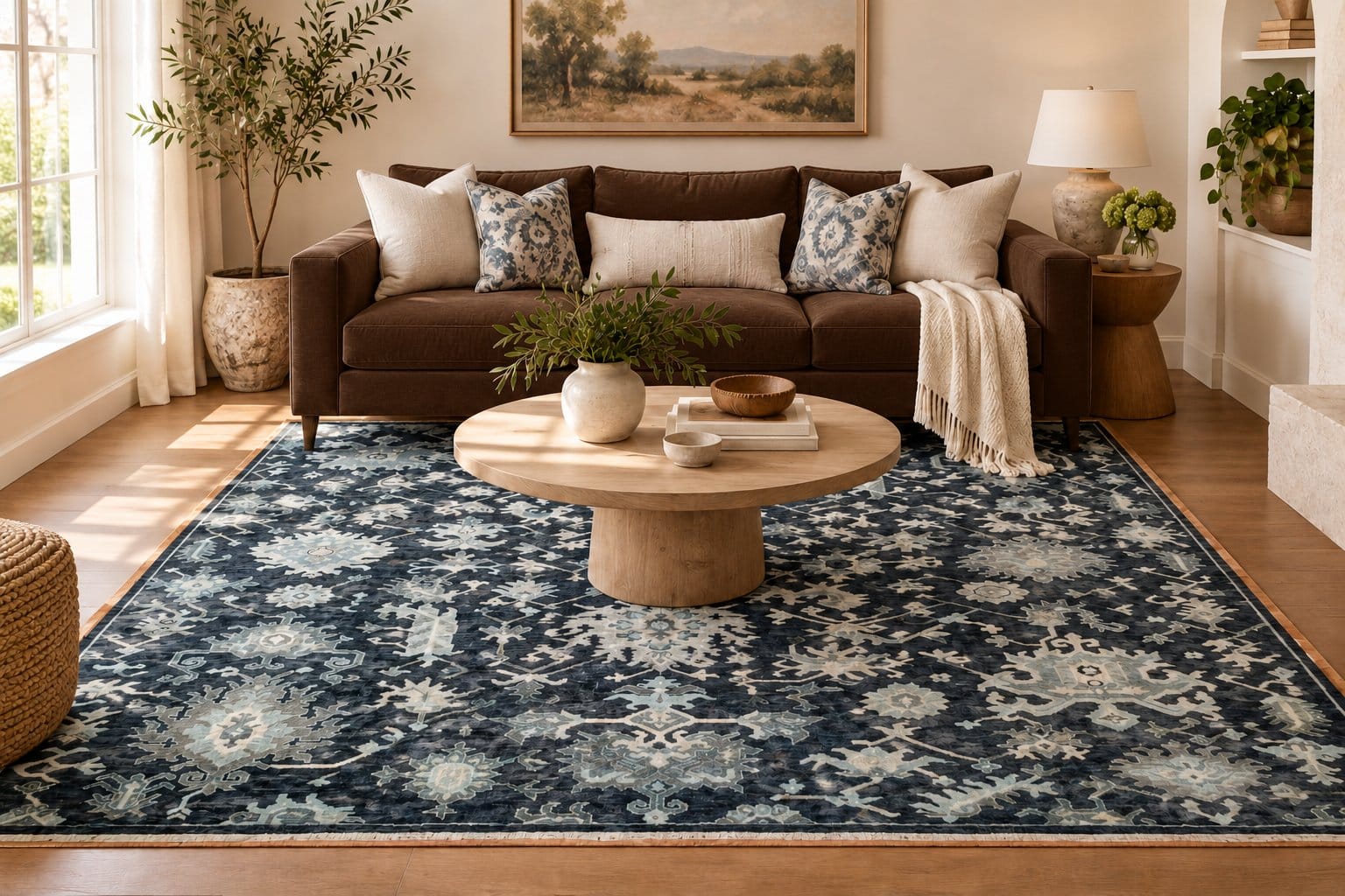 Conceptual room styling with a brown couch and Midnight Blue Oushak