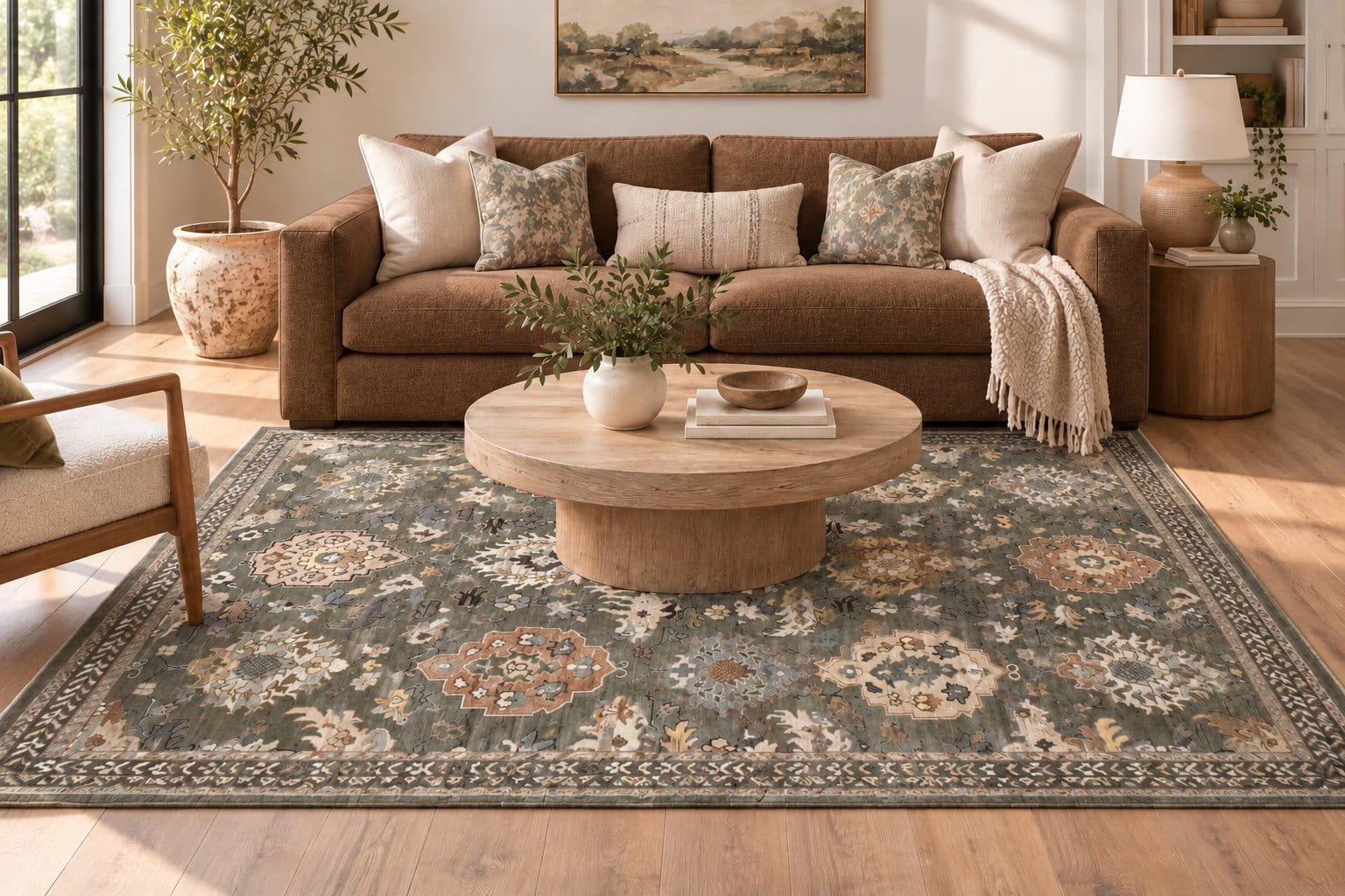 Conceptual room styling with a brown couch and Olive Indian
