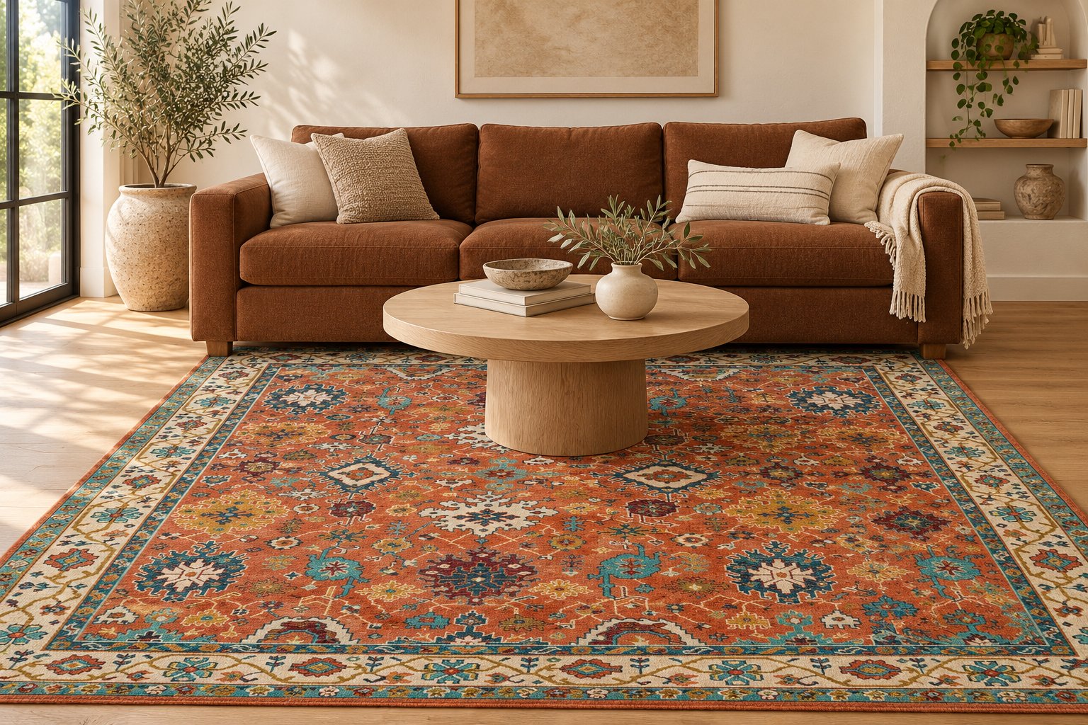 Conceptual room styling with a brown couch and Terrific Terracotta