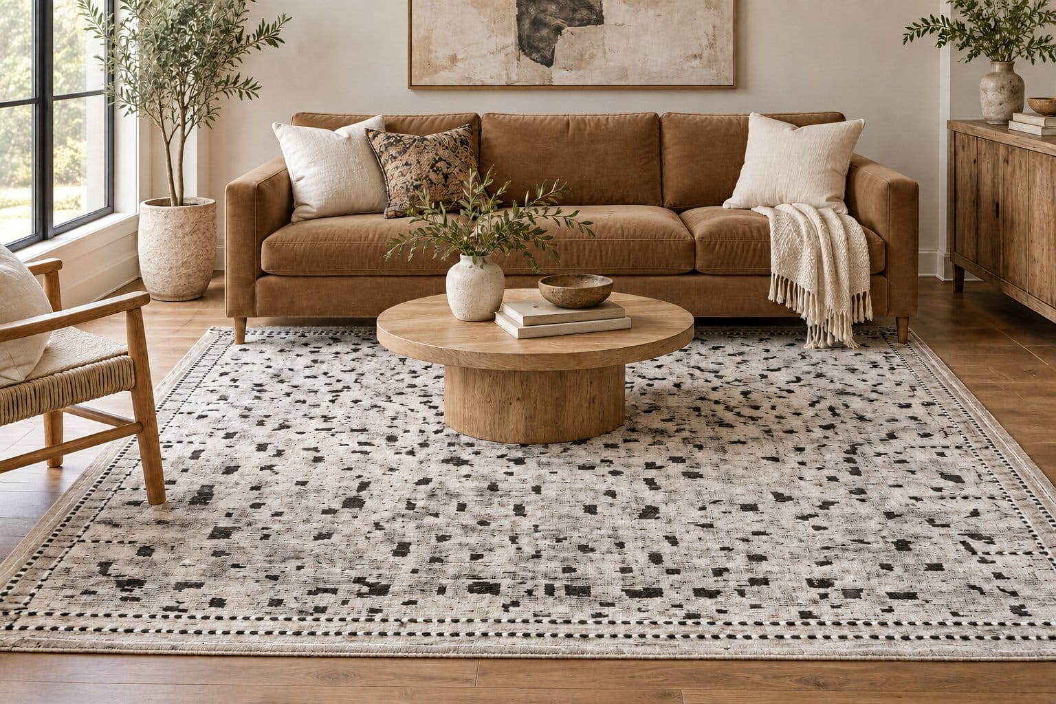 Conceptual room styling with a brown couch and Casablanca Dots
