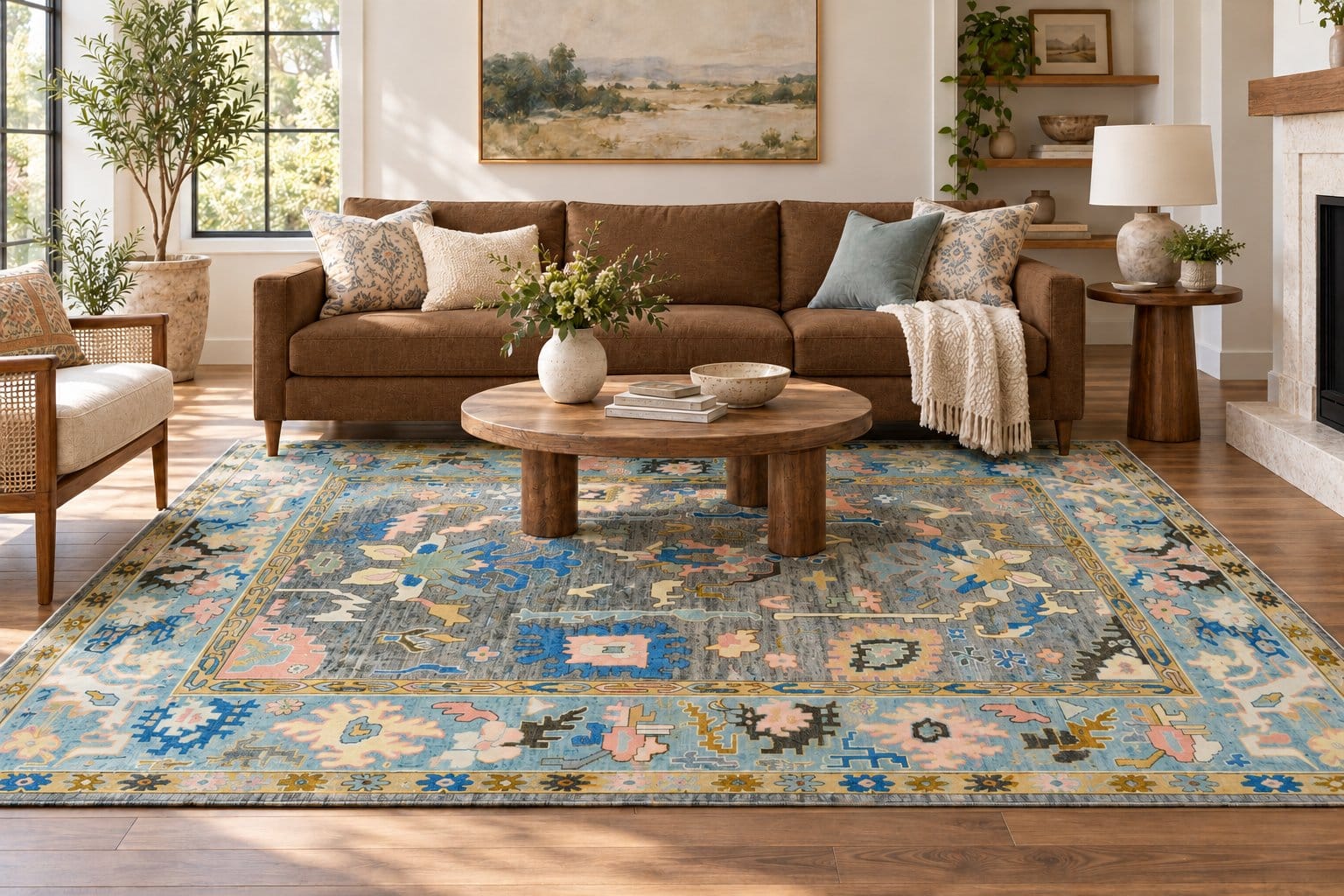Conceptual room styling with a brown couch and Bold Multicolored Oushak