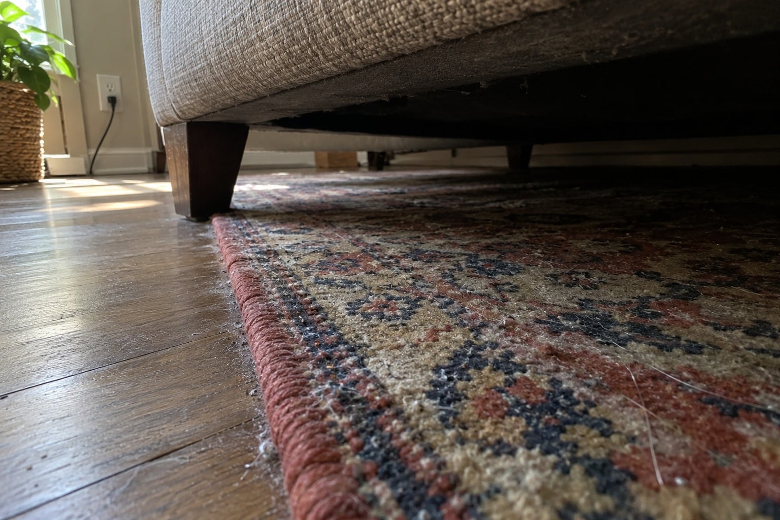 Illustrative phone-style view of a wool rug beneath a sofa