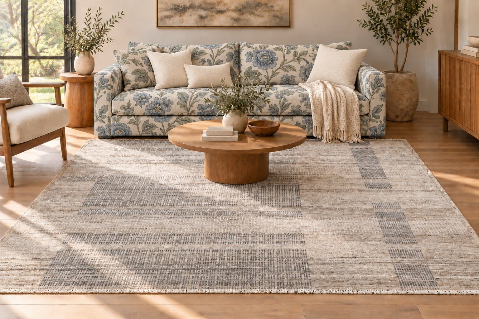 Conceptual room styling with a patterned sofa and Modern Beige Plaid Rug