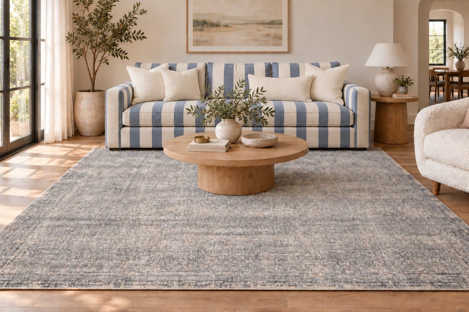 Conceptual room styling with a patterned sofa and Muted Mineral-Gray