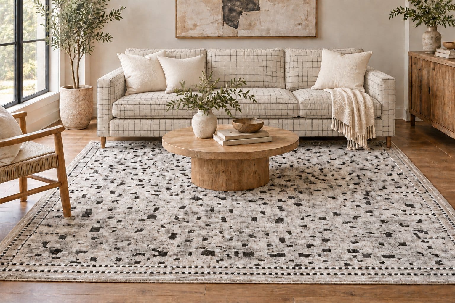 Conceptual room styling with a patterned sofa and Casablanca Dots