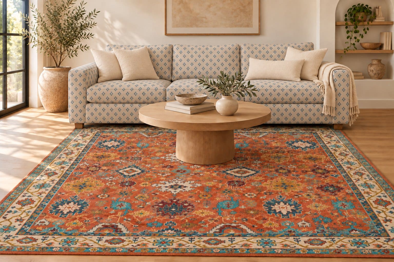 Conceptual room styling with a patterned sofa and Terrific Terracotta