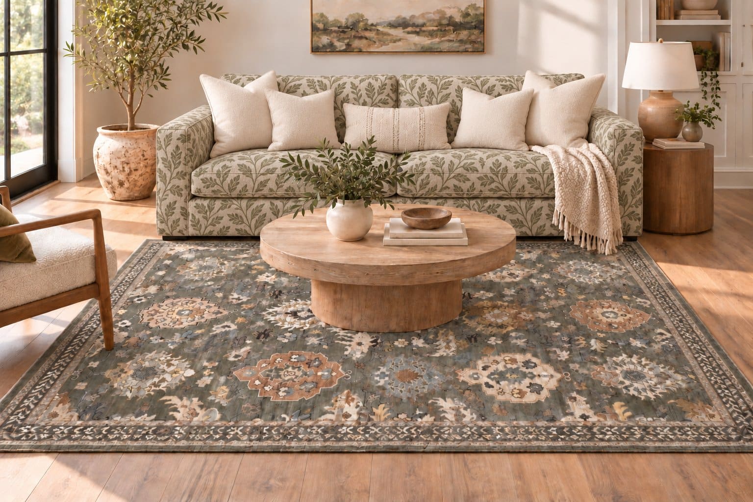 Conceptual room styling with a patterned sofa and Olive Indian