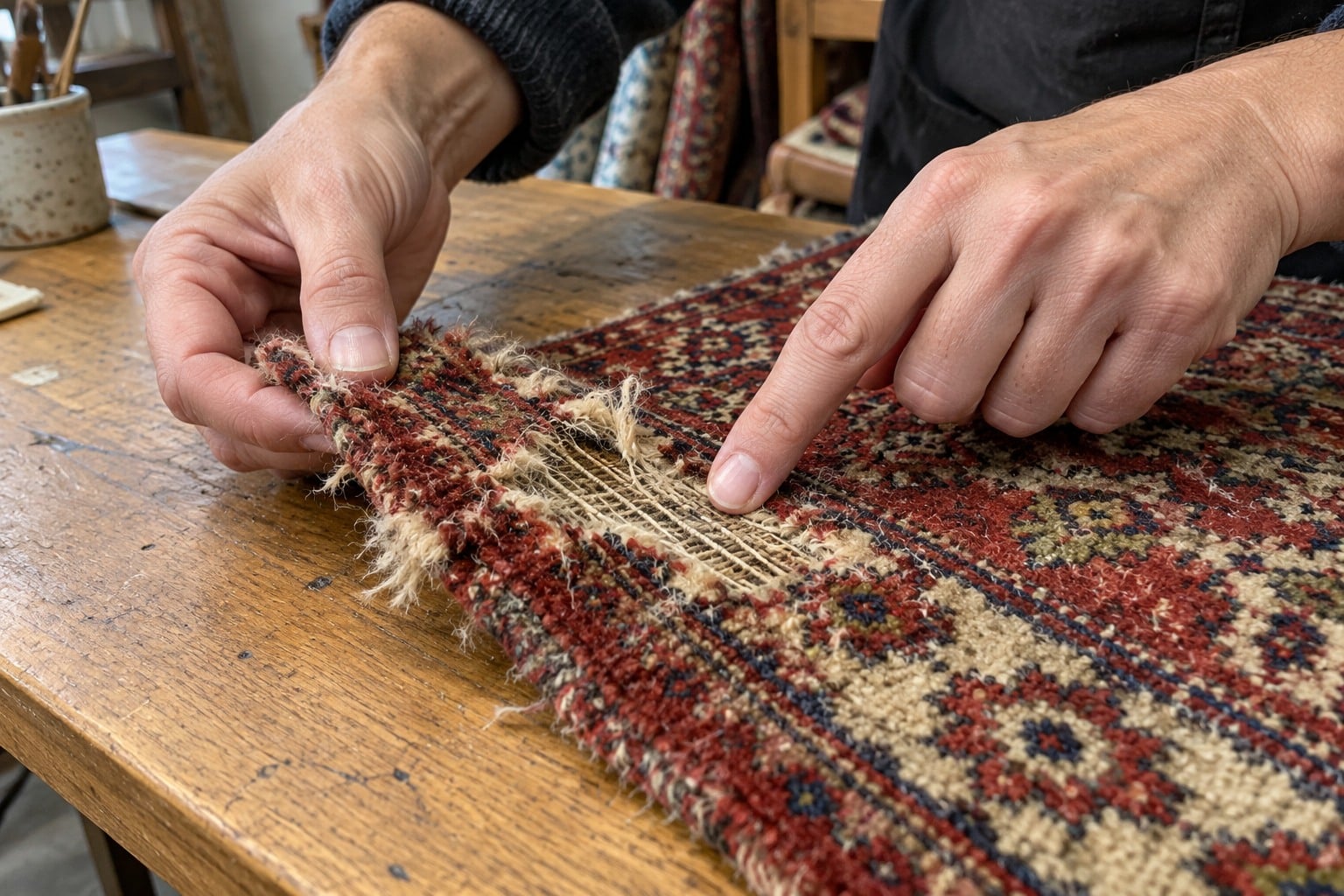 Illustrative examination of exposed foundation threads on a rug-care worktable