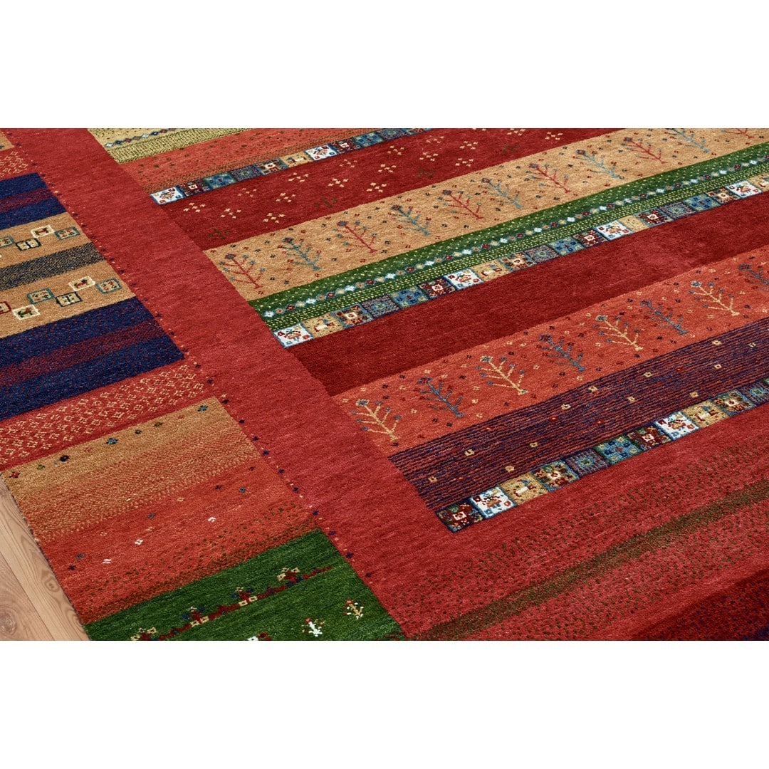 Angled close view of the colored bands in Lovely Lori Buft Gabbeh