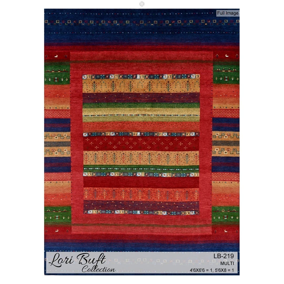 Lovely Lori Buft Gabbeh rug with red, green and navy woven bands