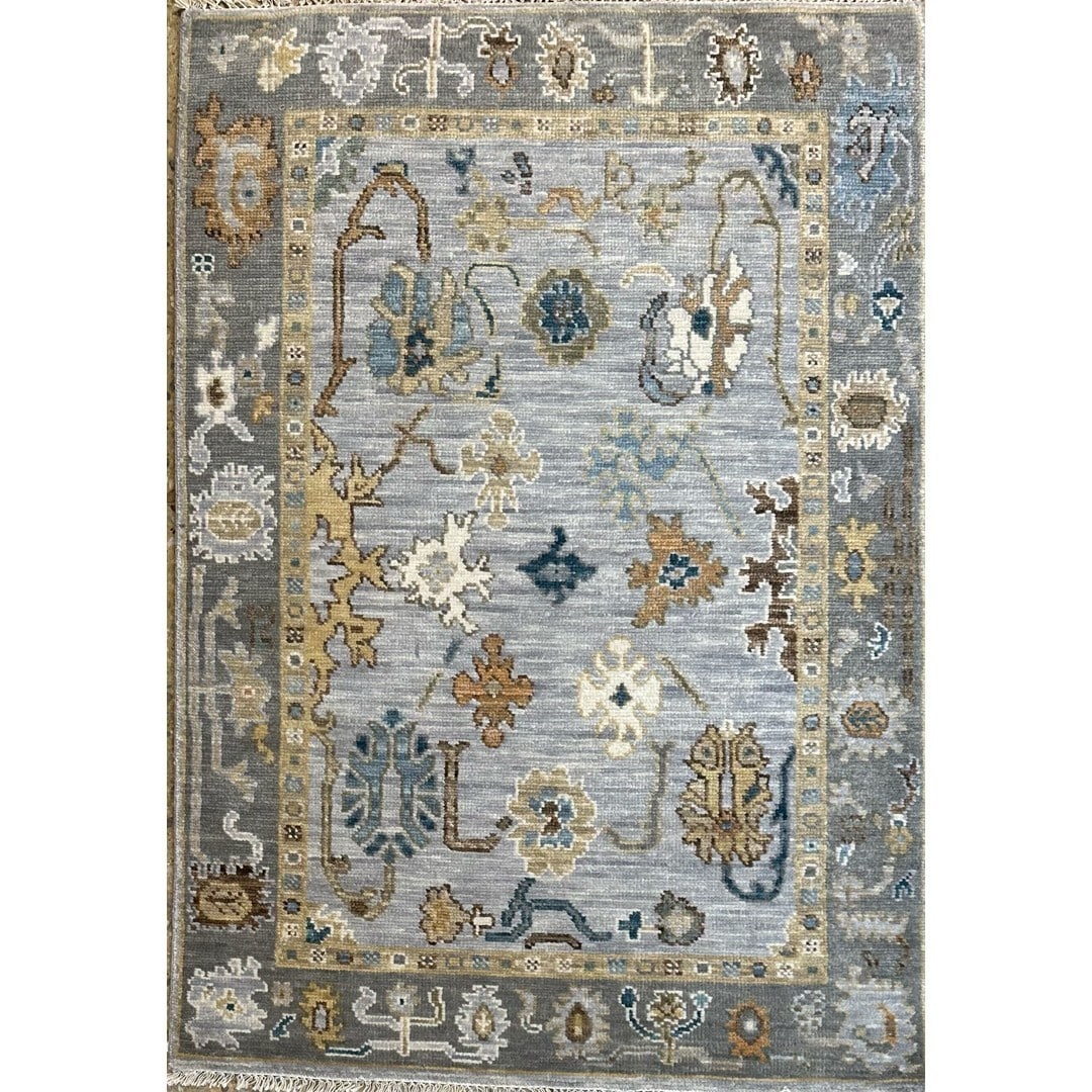 Opulent Oushak blue floral rug, full catalog view