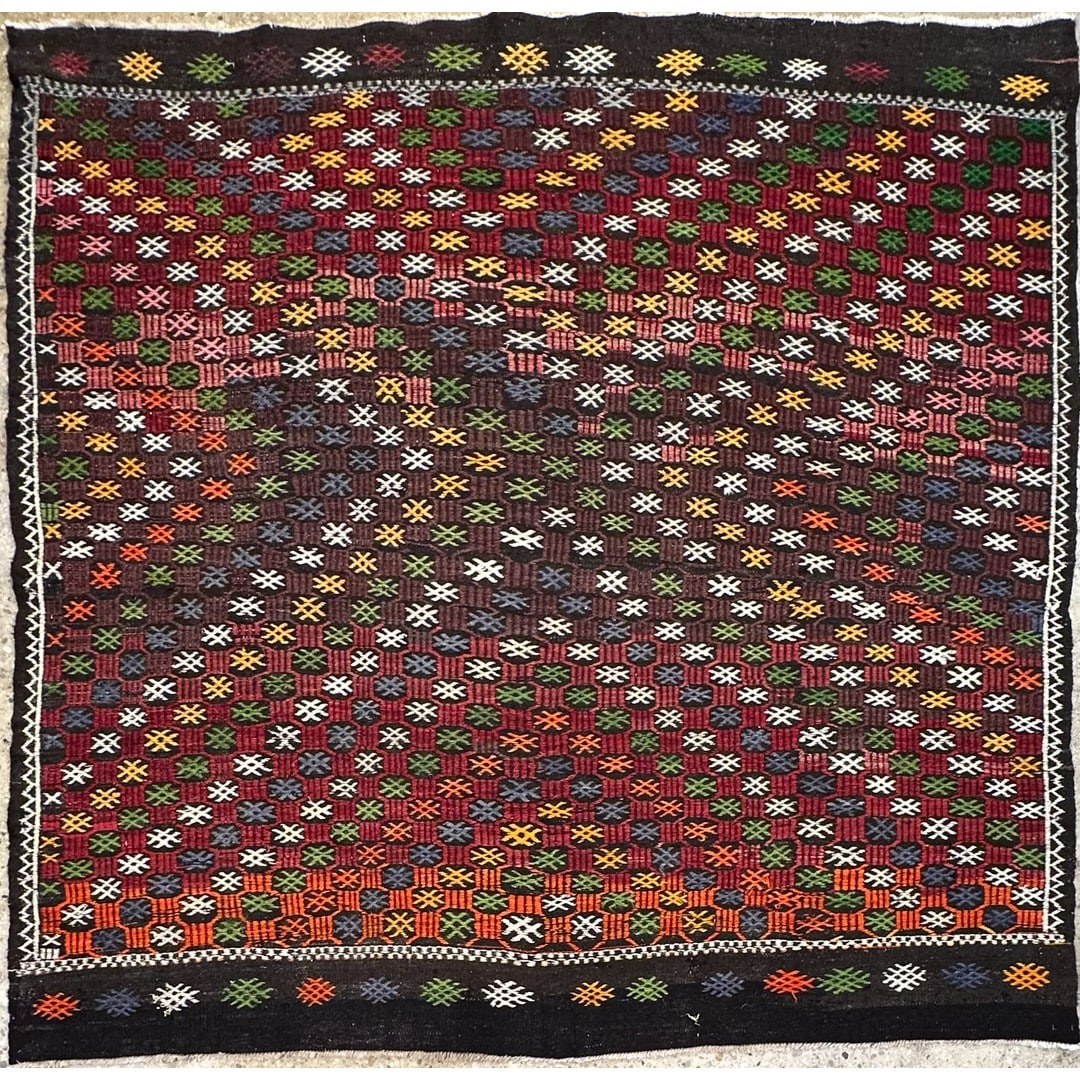 Kaleidoscopic Kurdish kilim soumak rug, overall original catalog view