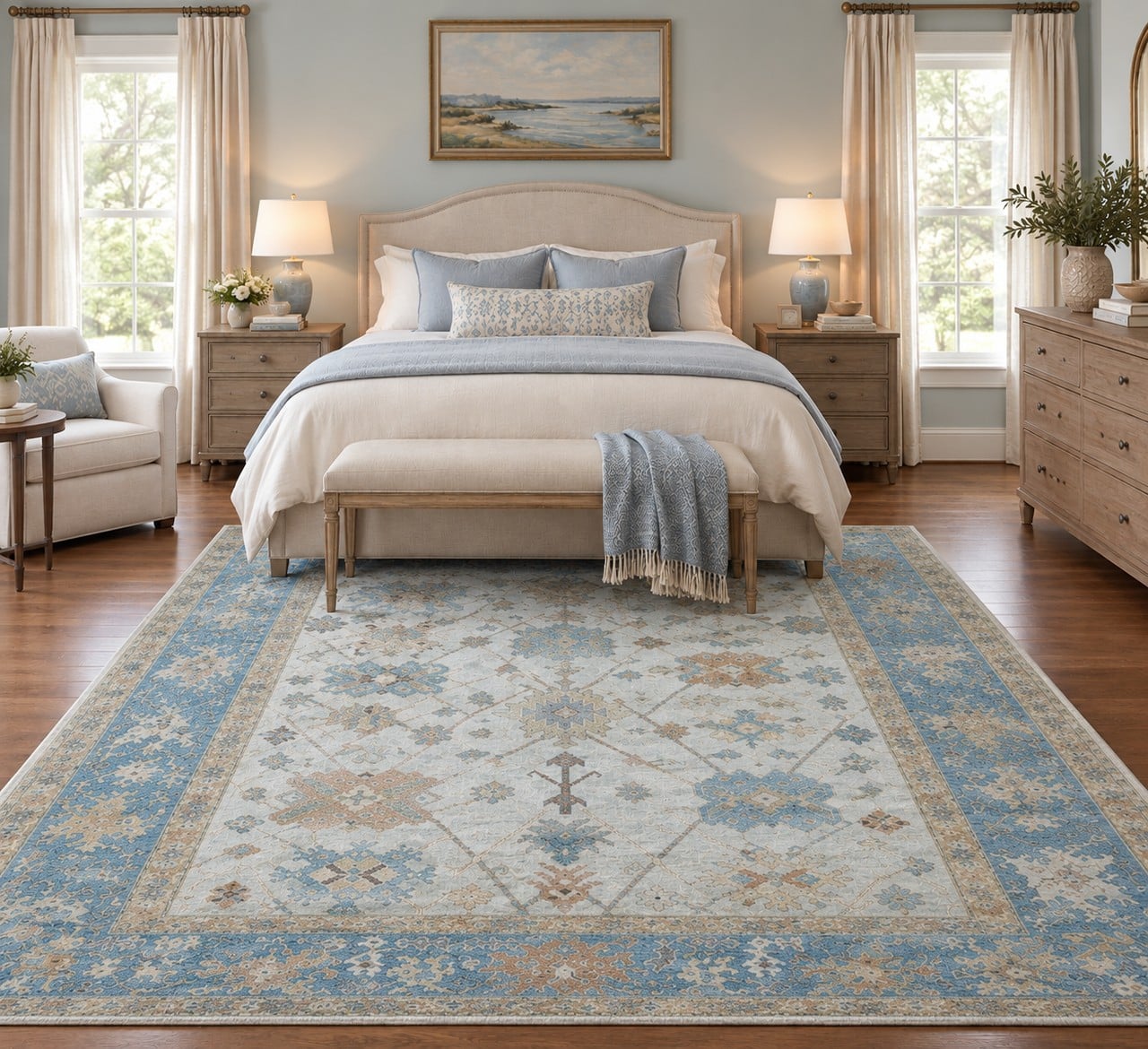 Oushak rug in a bedroom styling illustration