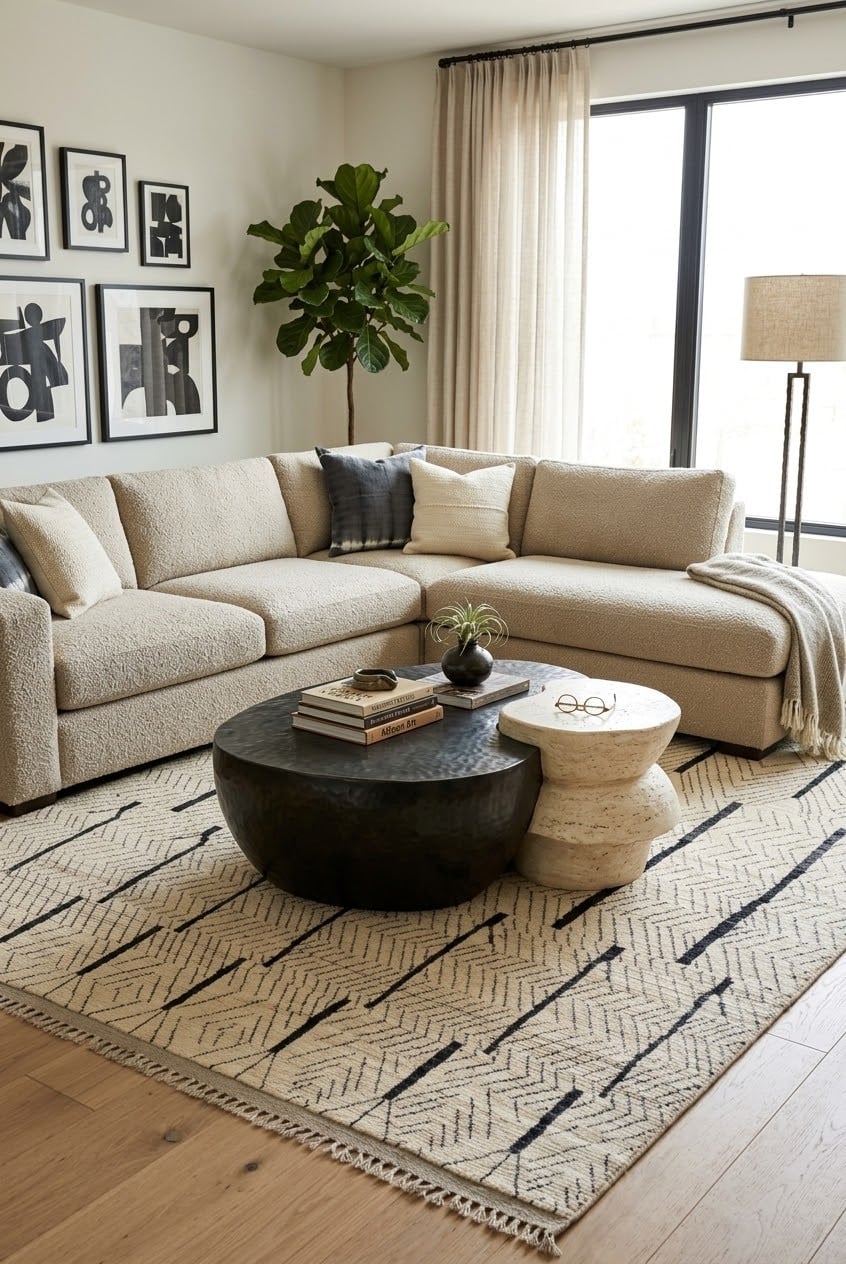 Moroccan rug in a family room styling illustration