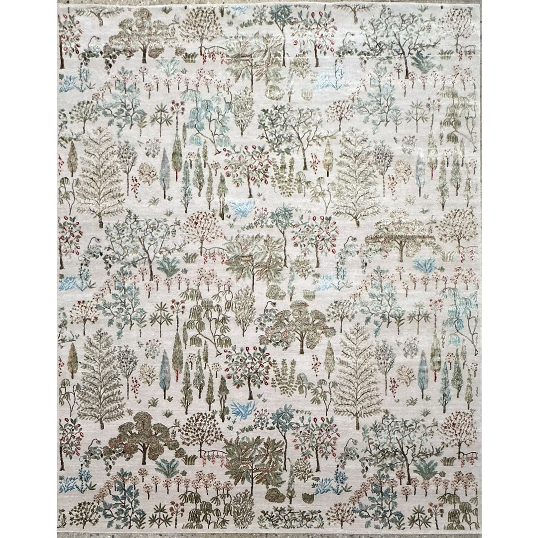Botanically Blended wool and silk pictorial rug, full catalog view